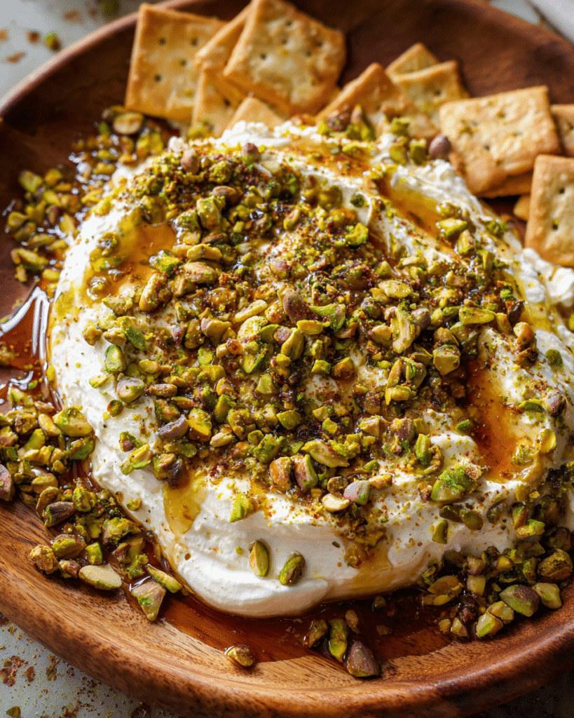 Creamy Boursin appetizer topped with pistachios and honey