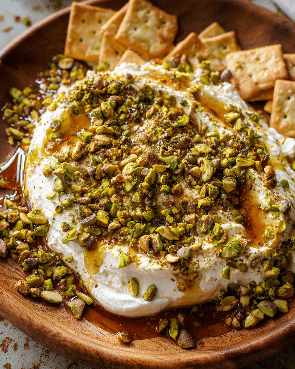 Creamy Boursin appetizer topped with pistachios and honey
