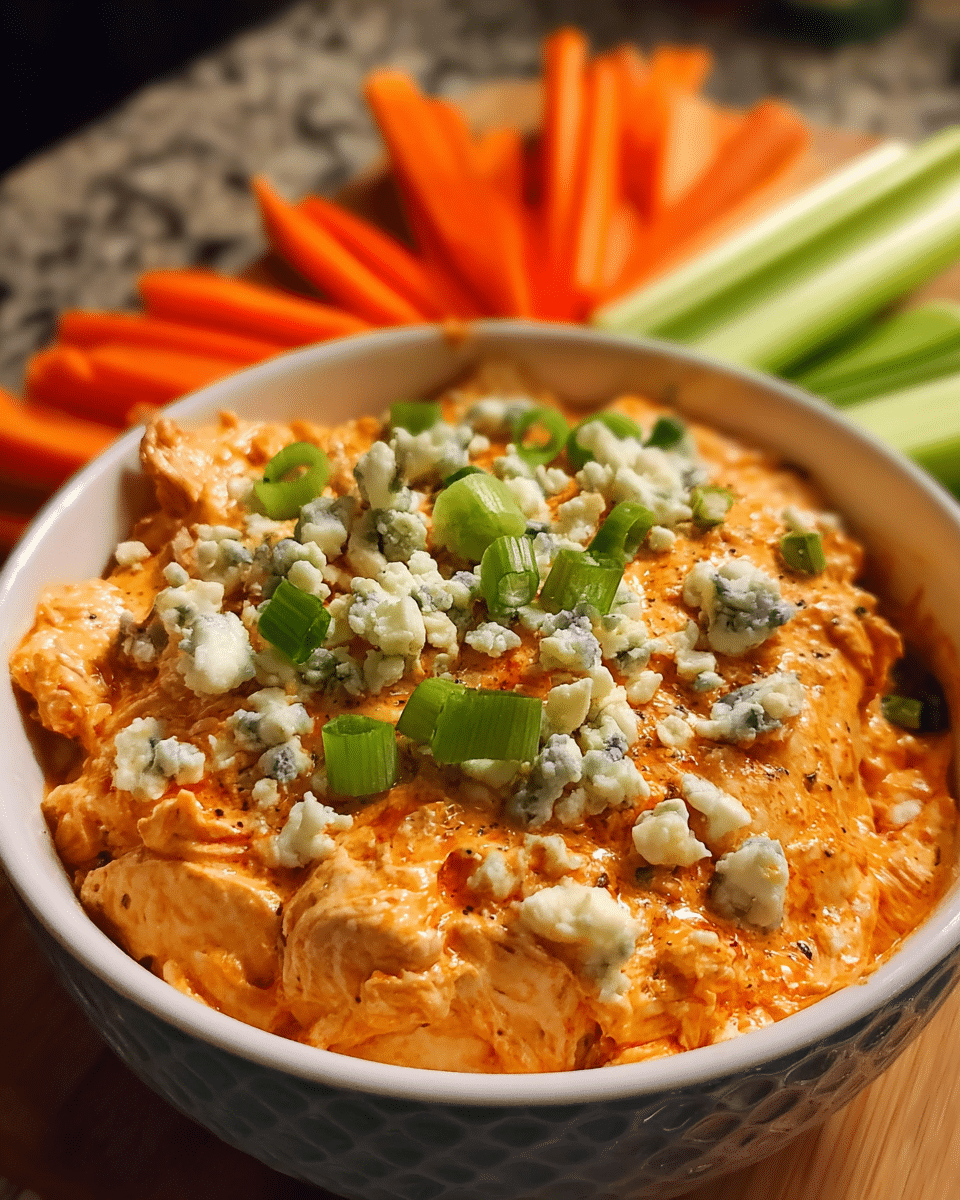 Buffalo chicken dip served warm with celery and carrot sticks