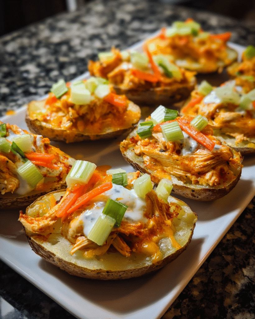 Buffalo chicken potato skins topped with cheddar cheese and blue cheese drizzle
