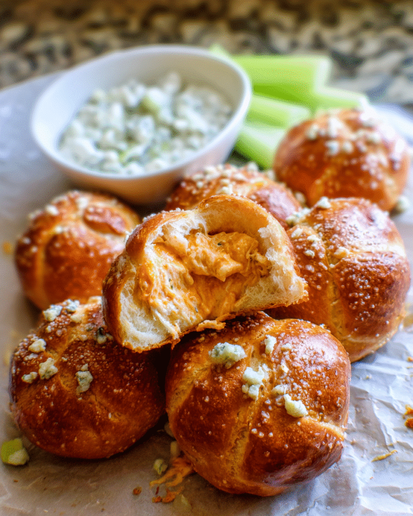 Golden buffalo chicken pretzel bites served with blue cheese dressing