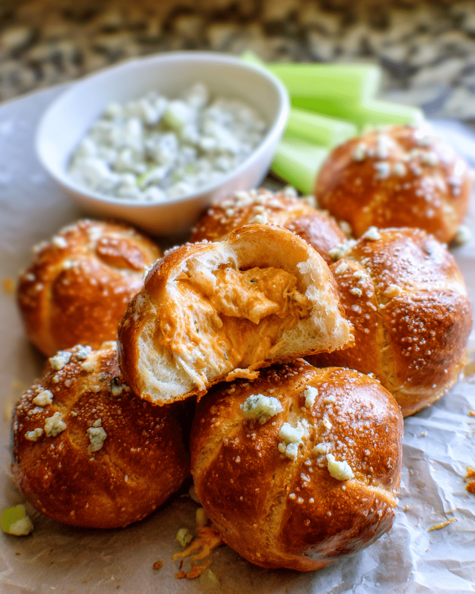 Golden buffalo chicken pretzel bites served with blue cheese dressing