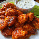 spicy buffalo wings with blue cheese dip and celery sticks