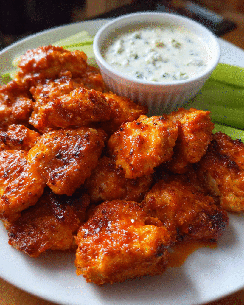 spicy buffalo wings with blue cheese dip and celery sticks