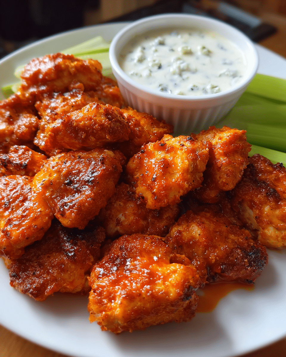 spicy buffalo wings with blue cheese dip and celery sticks