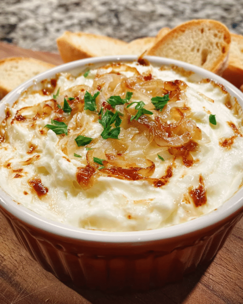 Creamy caramelized onion dip served with chips