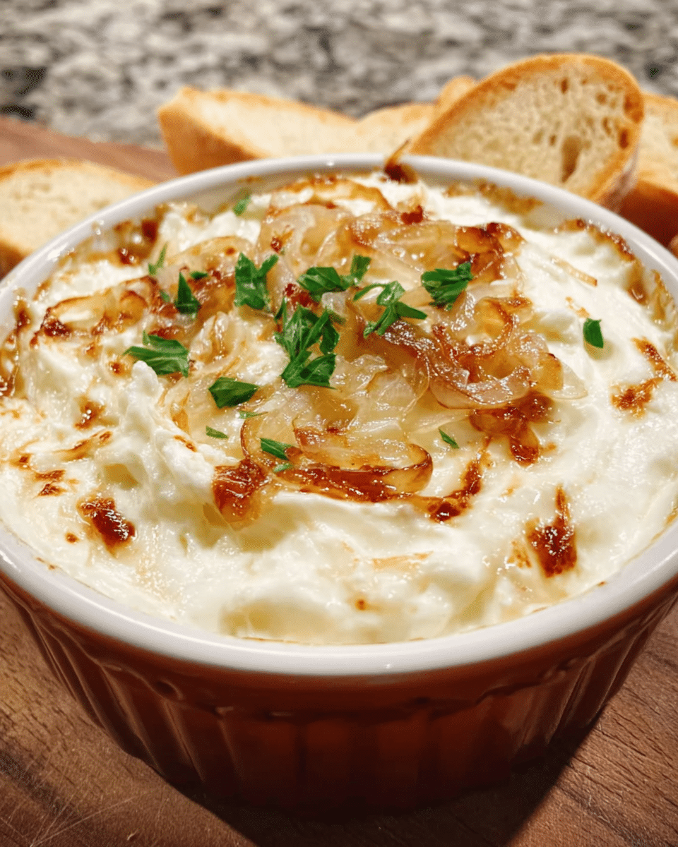Creamy caramelized onion dip served with chips
