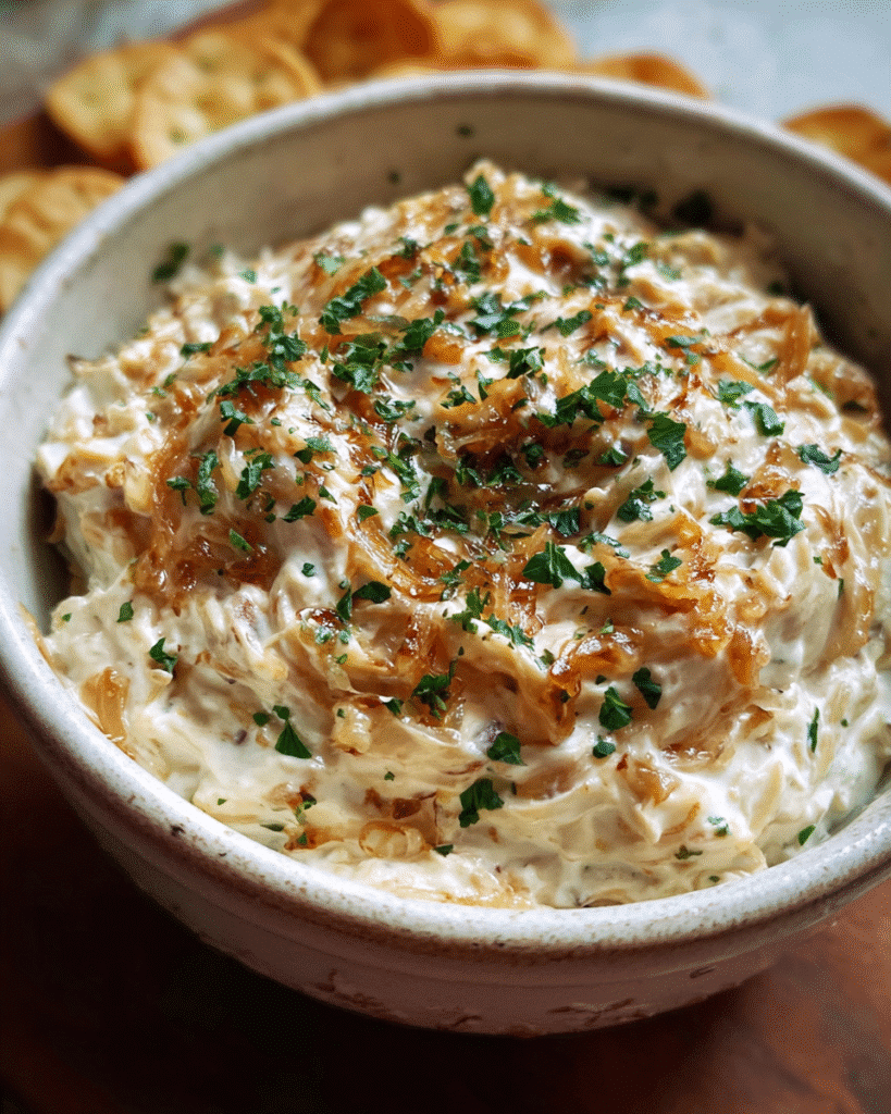 Creamy caramelized onion dip served with chips