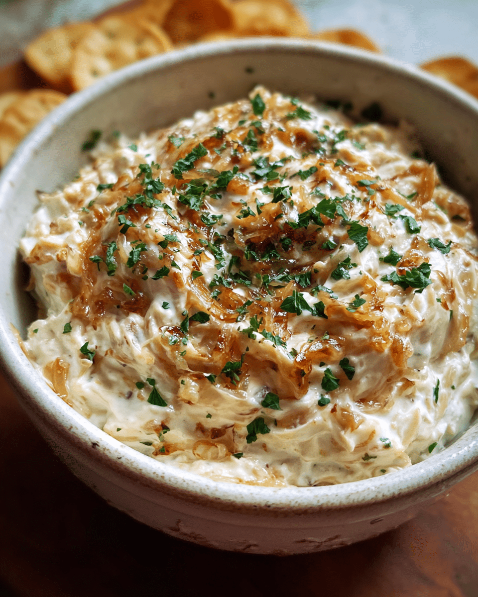 Creamy caramelized onion dip served with chips
