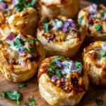 Cheesy barbecue chicken bites in puff pastry cups with melted cheese