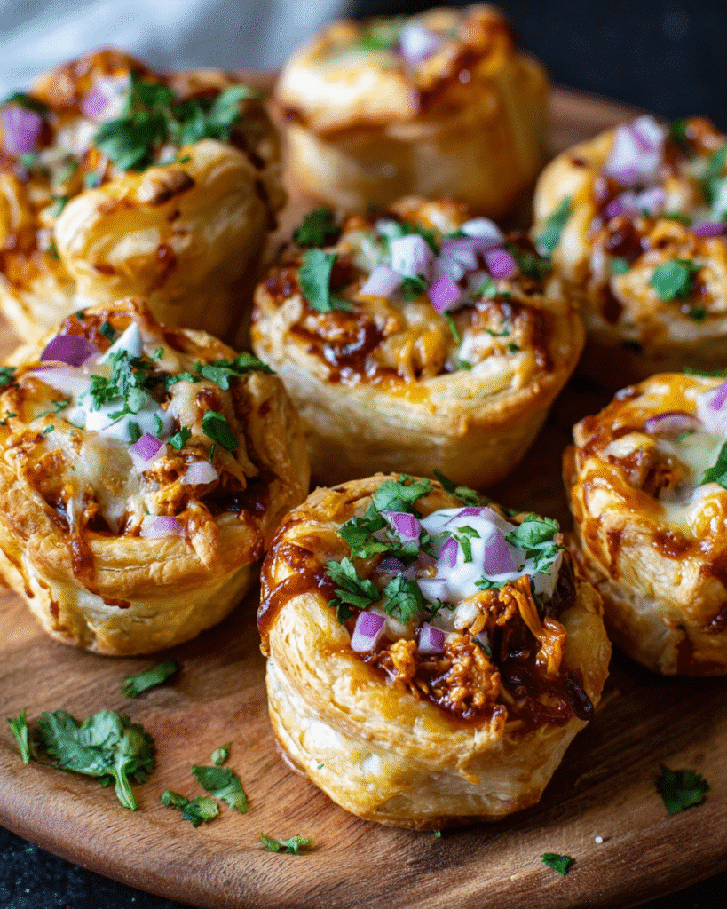 Cheesy barbecue chicken bites in puff pastry cups with melted cheese