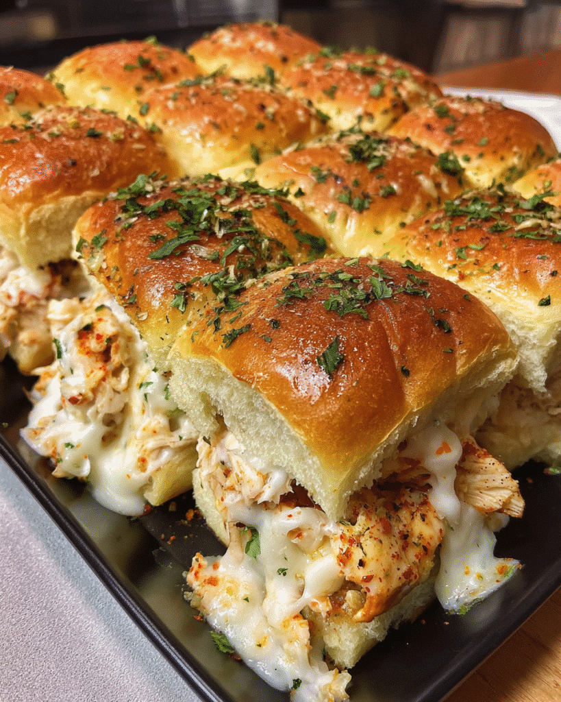 Baked Cheesy Chicken Alfredo Sliders with melted mozzarella on sweet rolls