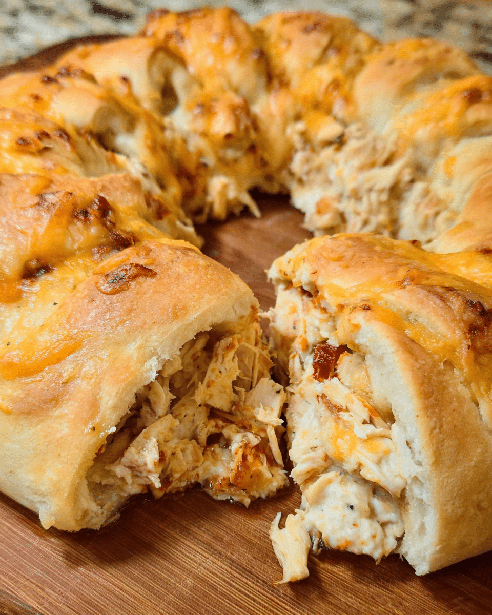 Golden baked cheesy chicken stuffed crescent ring sliced on serving platter
