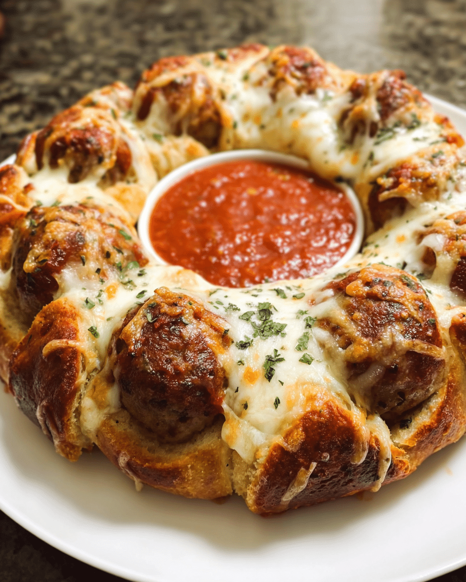 Cheesy meatball pull-apart pizza ring baked with mozzarella and marinara dip