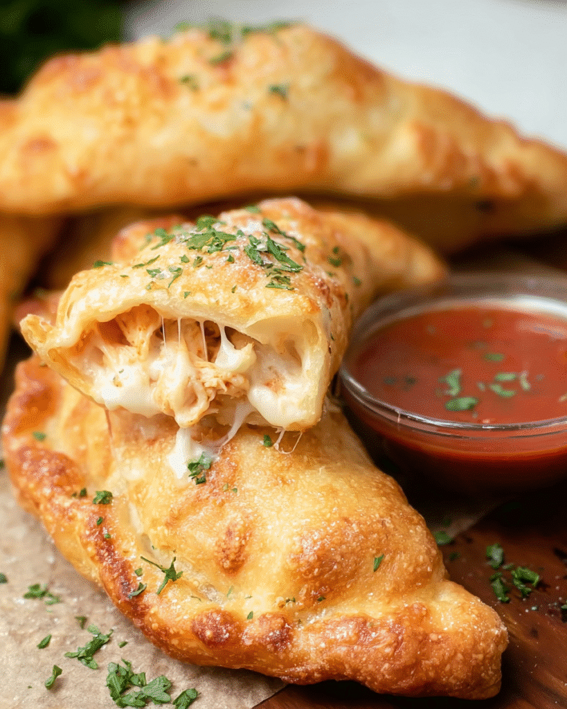 Golden crispy Chicken Alfredo Air Fryer Calzones with garlic butter topping