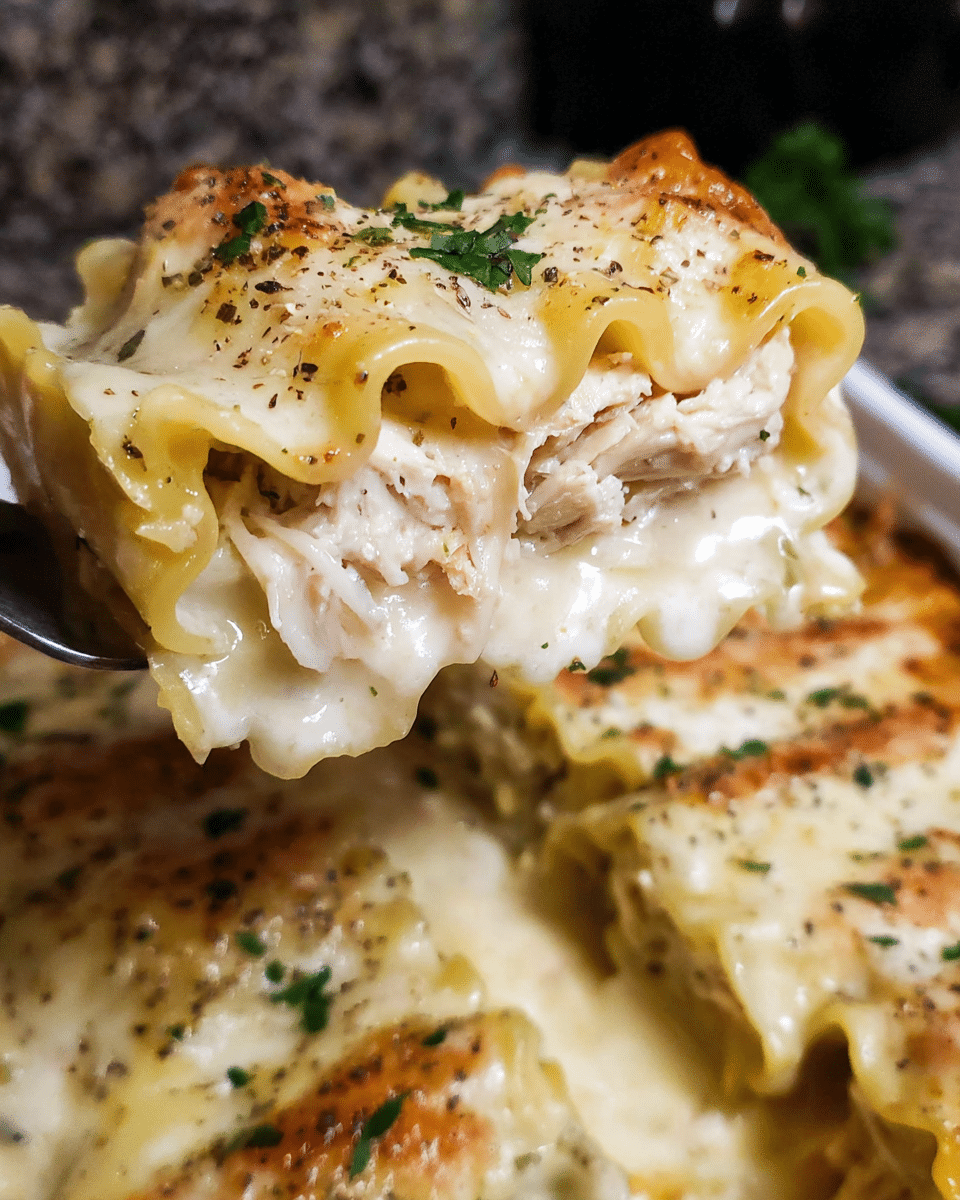 Chicken Alfredo lasagna roll ups baked with melted mozzarella and Alfredo sauce