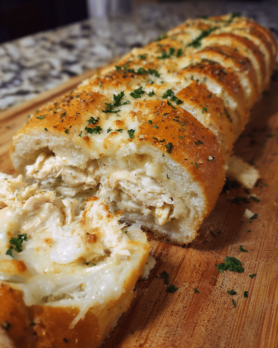 Chicken Alfredo Stuffed French Bread sliced to show creamy chicken and melted cheese filling