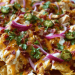 Chicken Bacon Ranch Nacho Tray with melted cheese and jalapeños