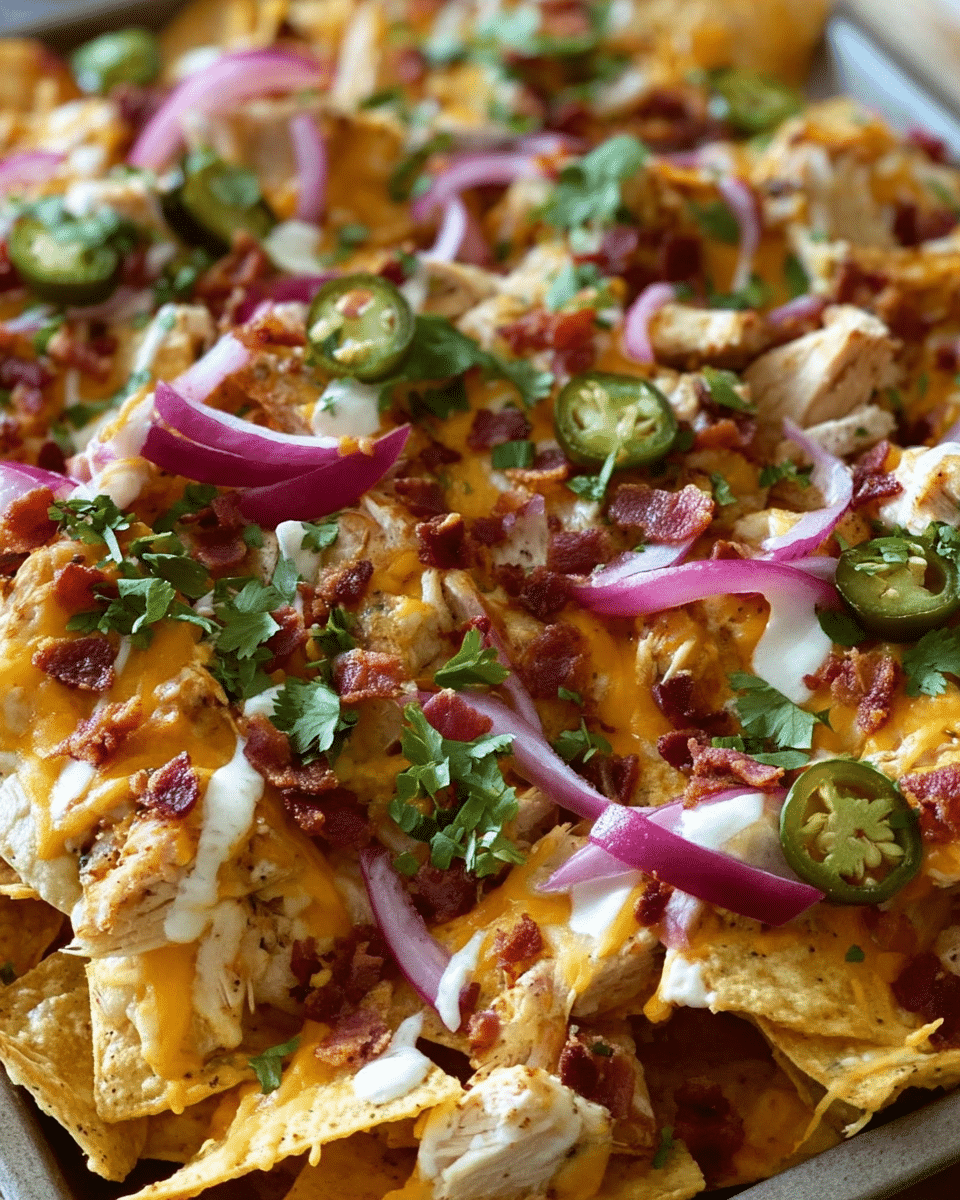 Chicken Bacon Ranch Nacho Tray with melted cheese and jalapeños