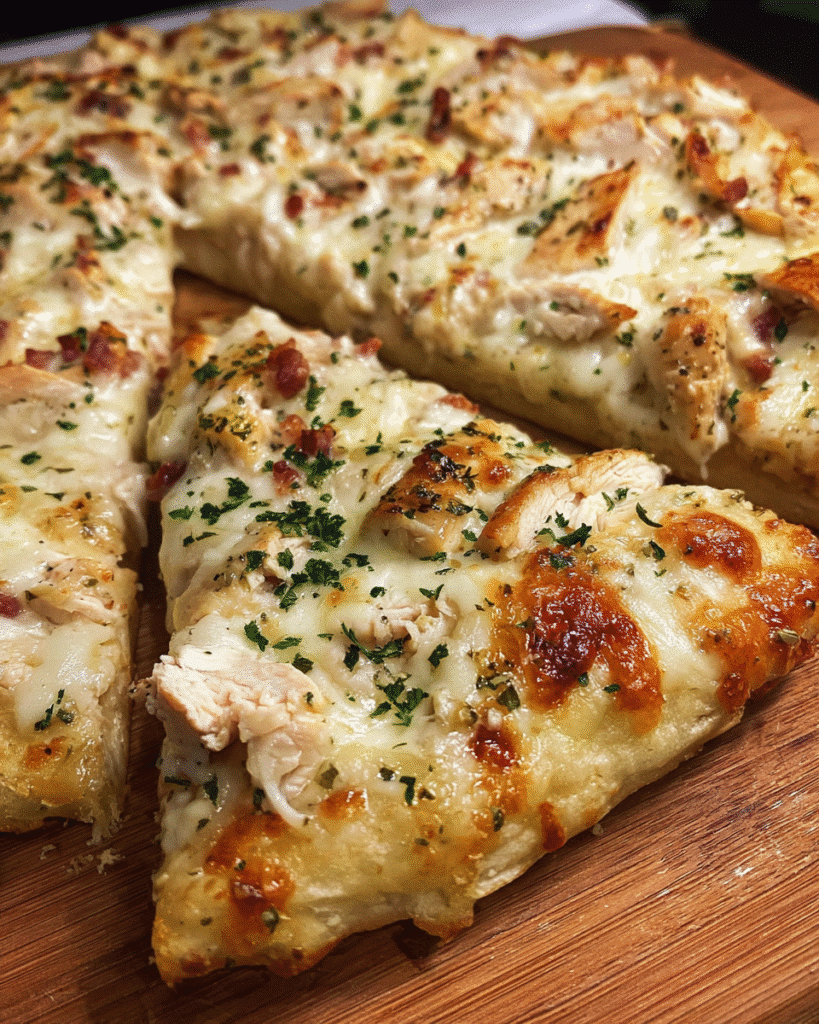 Chicken bacon ranch pizza with melted mozzarella, chicken, and crispy bacon