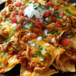 Loaded chicken nachos with melted cheese and toppings