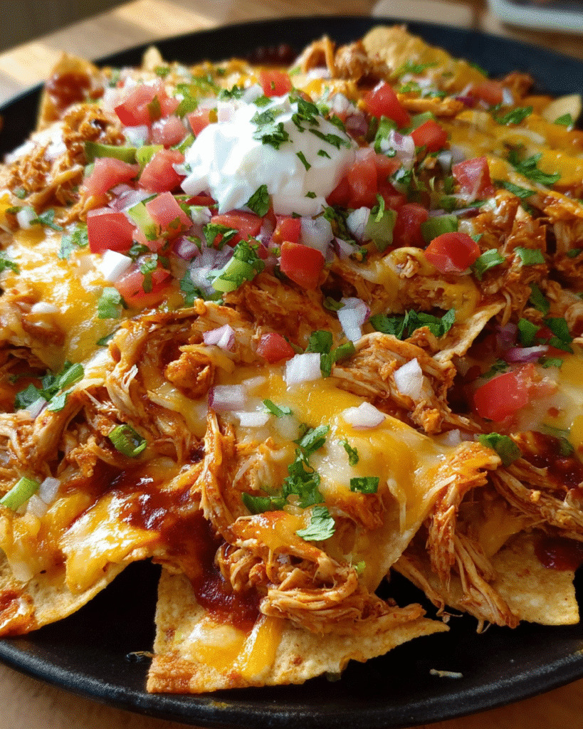 Loaded chicken nachos with melted cheese and toppings