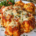 Chicken Parmesan Bubble Up casserole baked with melted mozzarella and golden biscuits