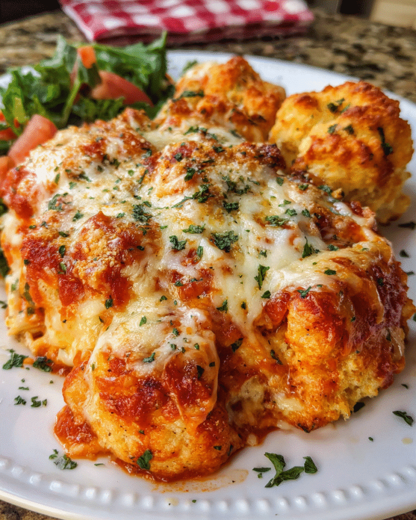 Chicken Parmesan Bubble Up casserole baked with melted mozzarella and golden biscuits