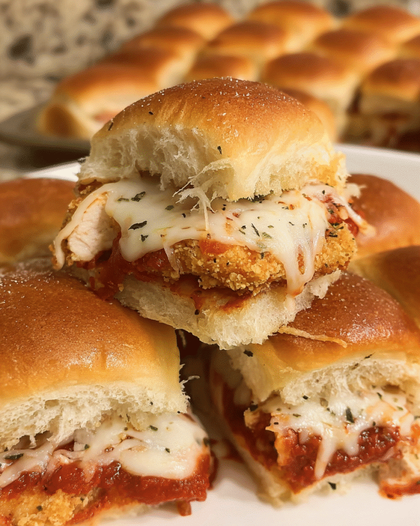 Chicken Parmesan Slider Squares baked with melted cheese and marinara on Hawaiian rolls