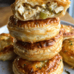 Golden mini chicken pies with puff pastry on a serving tray