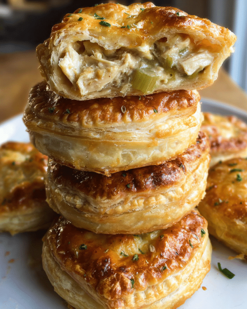 Golden mini chicken pies with puff pastry on a serving tray