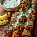 Chicken tikka masala skewers grilled with cilantro lime sauce
