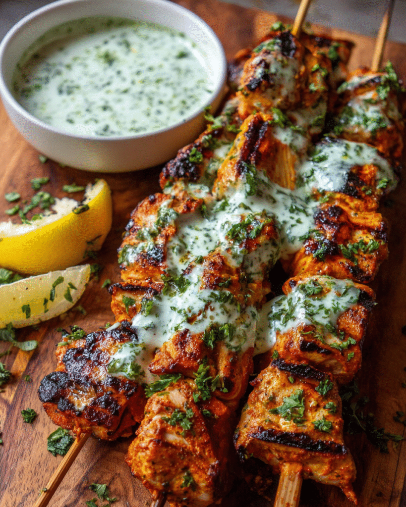 Chicken tikka masala skewers grilled with cilantro lime sauce
