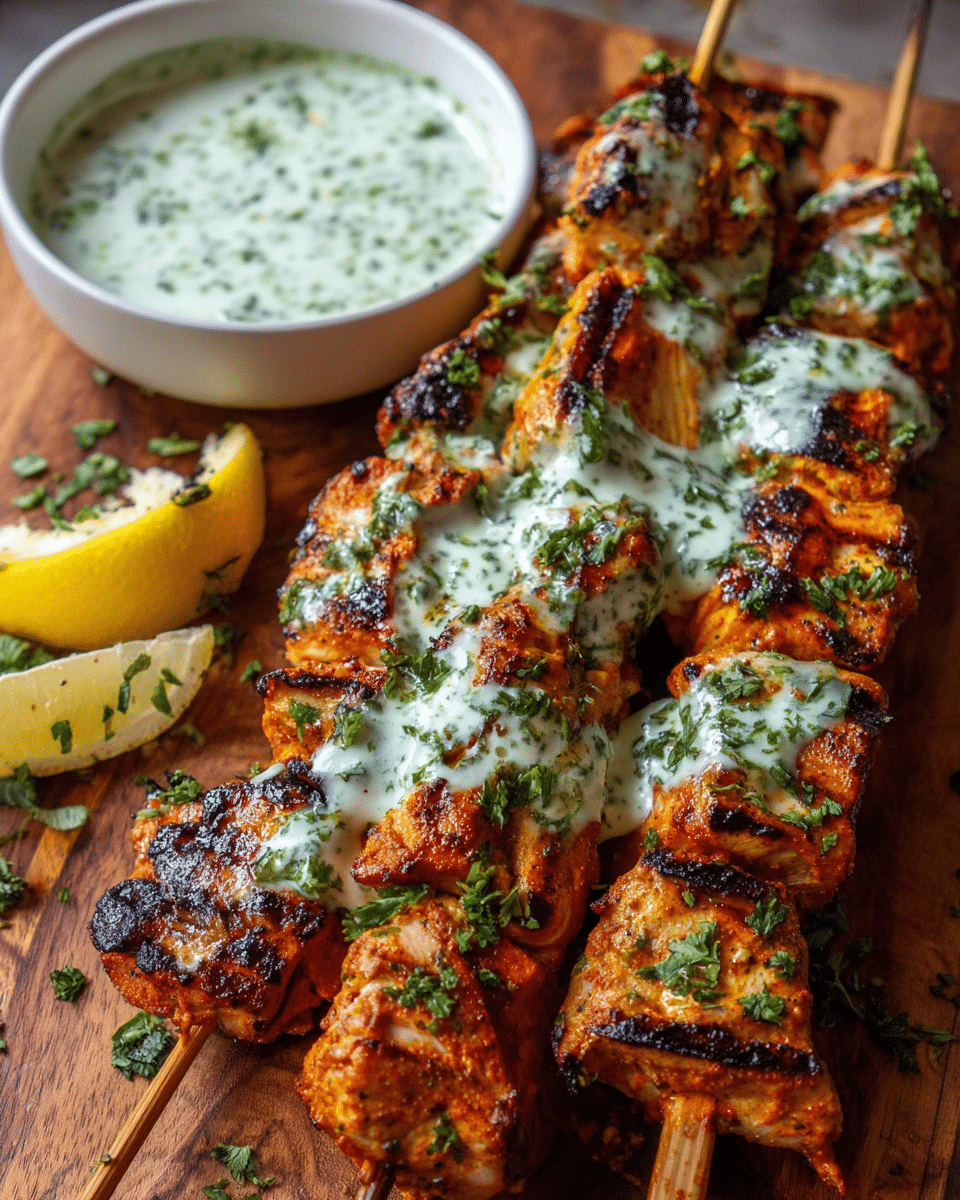 Chicken tikka masala skewers grilled with cilantro lime sauce