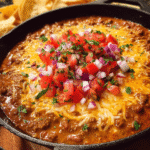 Warm skillet filled with chili cheese dip topped with pico de gallo