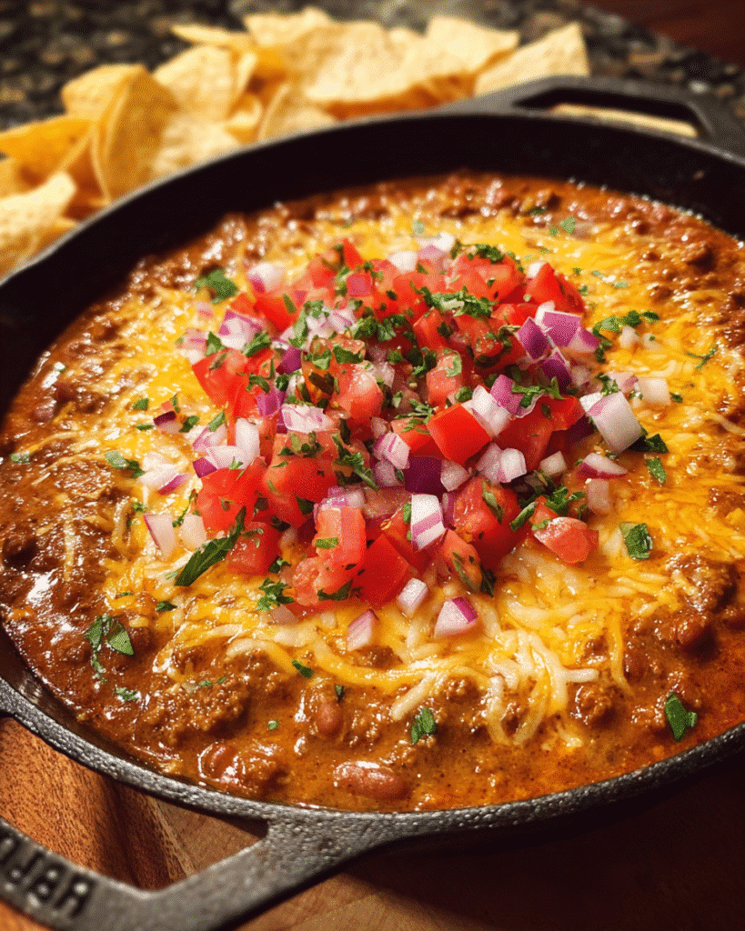 Warm skillet filled with chili cheese dip topped with pico de gallo