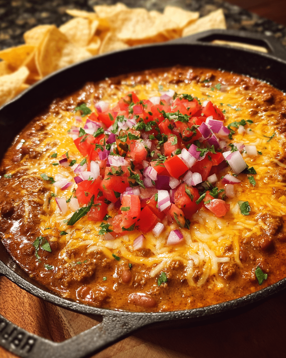 Warm skillet filled with chili cheese dip topped with pico de gallo