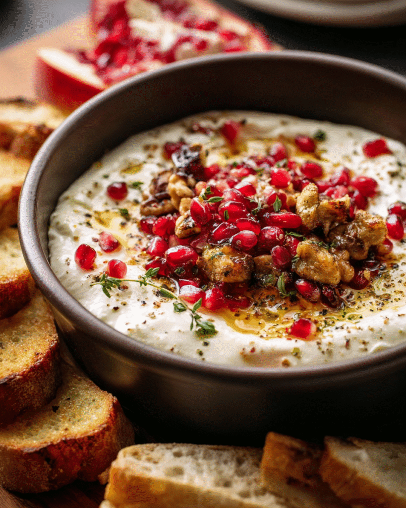 Christmas feta dip with pomegranate seeds, candied nuts, and honey drizzle