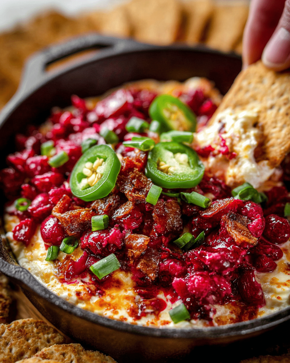 Cranberry jalapeño dip baked with creamy cheese and fresh cranberries
