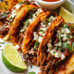 Crockpot birria tacos with shredded beef and dipping consommé