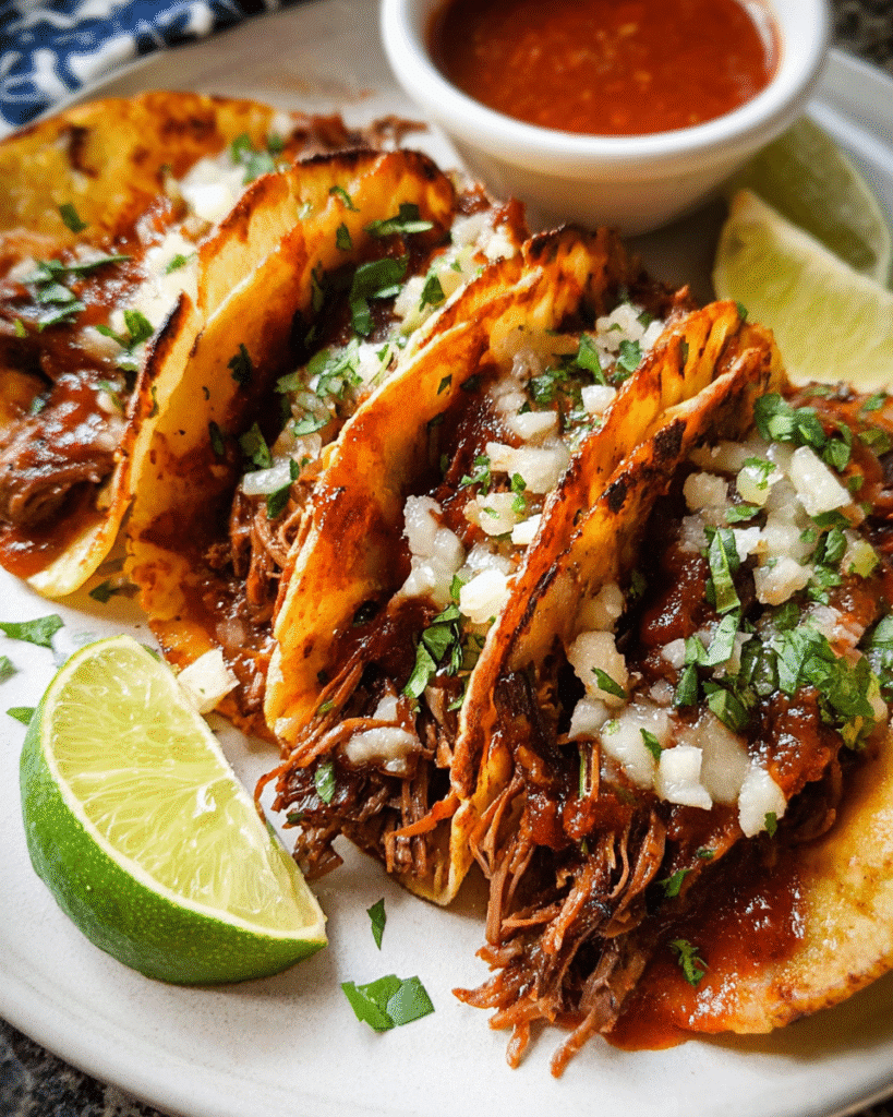 Crockpot birria tacos with shredded beef and dipping consommé