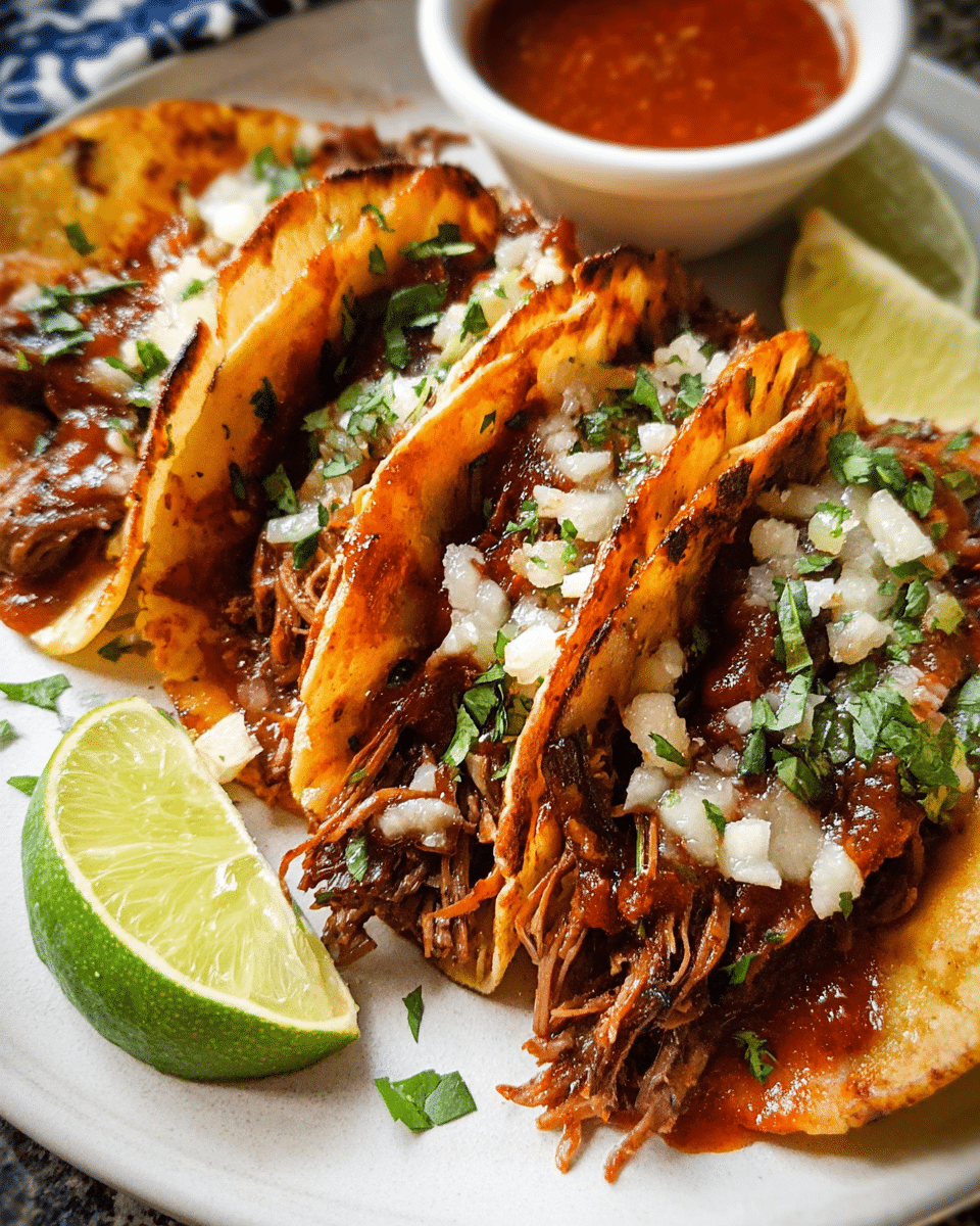 Crockpot birria tacos with shredded beef and dipping consommé
