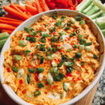 Crockpot buffalo chicken dip served warm with vegetables and chips