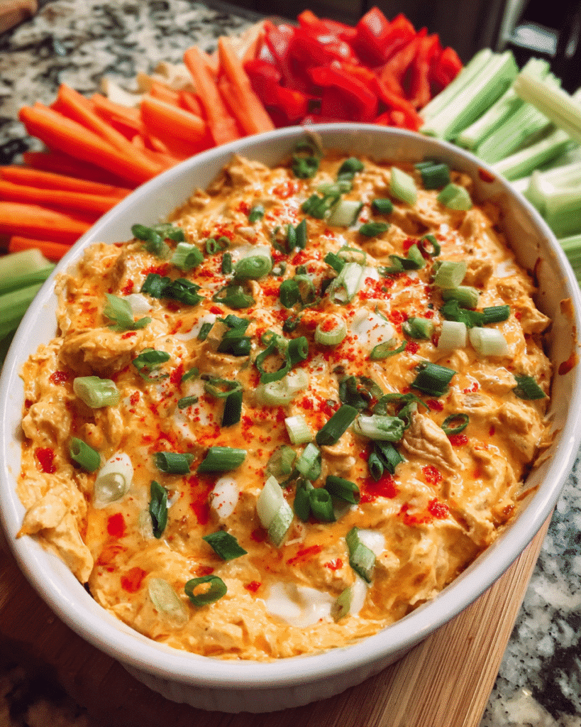 Crockpot buffalo chicken dip served warm with vegetables and chips