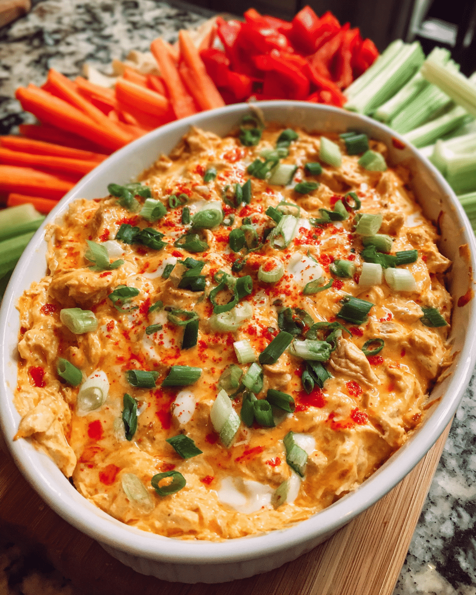Crockpot buffalo chicken dip served warm with vegetables and chips