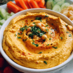 Creamy curry hummus topped with olive oil and spices in a serving bowl