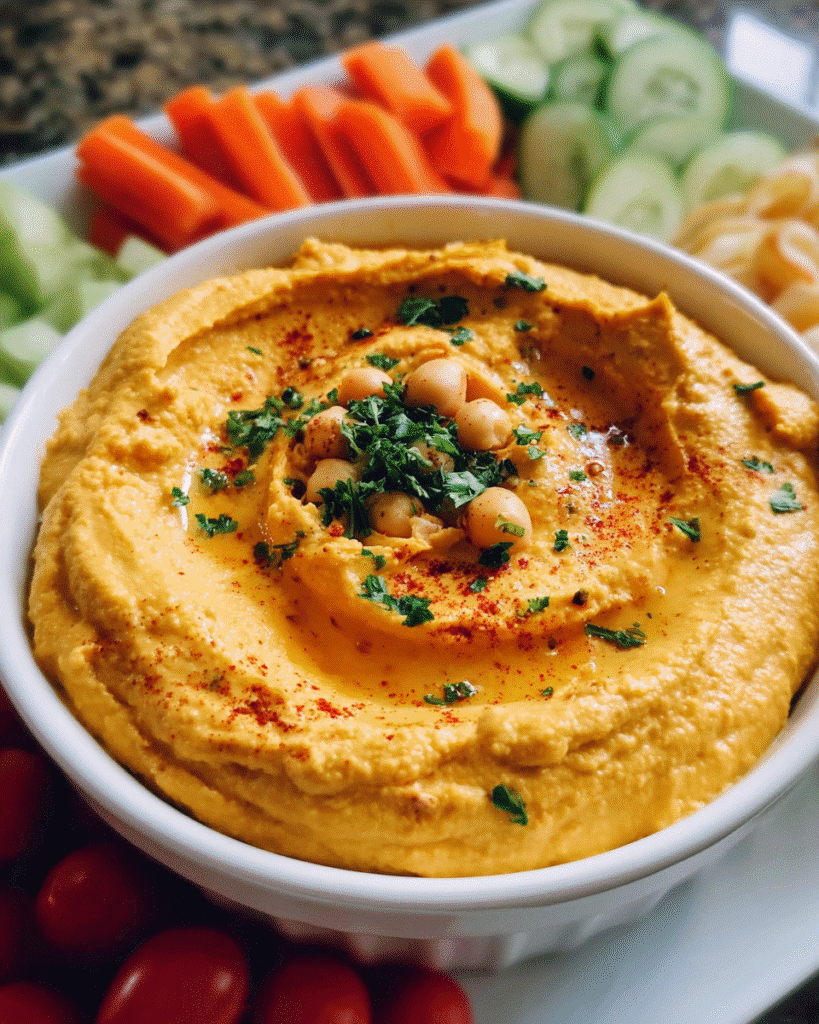 Creamy curry hummus topped with olive oil and spices in a serving bowl