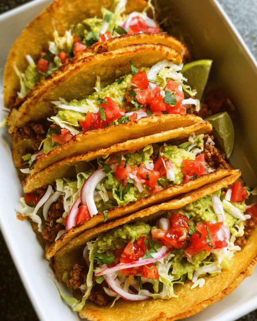 Easy baked tacos with melted cheese and fresh toppings
