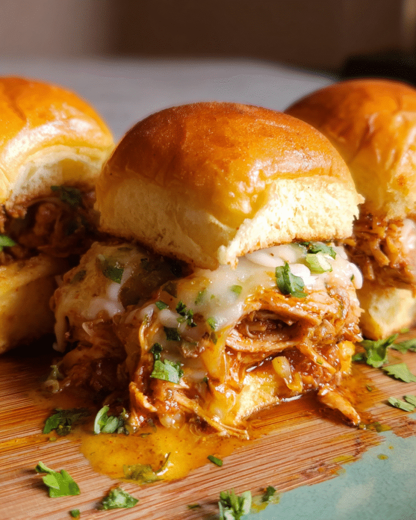 Easy Chicken Birria Sliders with melted cheese and dipping sauce