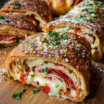 Easy stuffed stromboli sliced showing melted cheese and turkey pepperoni filling
